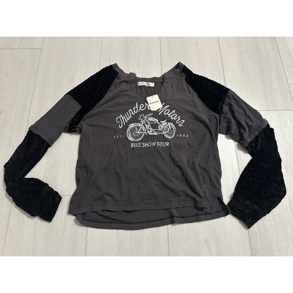 NWT Free People Top Velvet Leopard Sz S Thunder Motors Motorcycle Gray $98